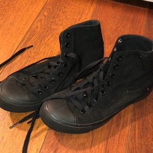 Black high top lace up sneakers. Converse dupes